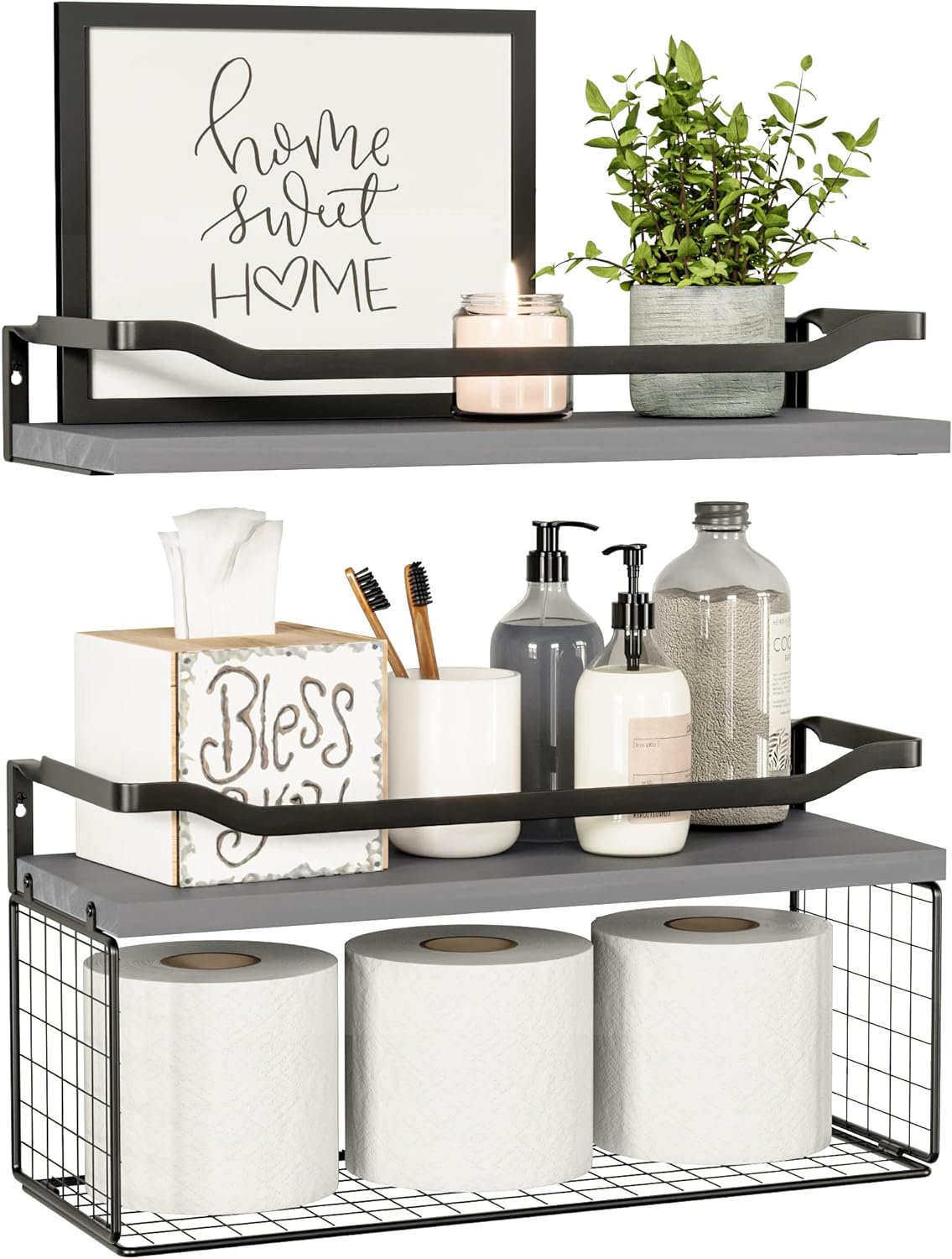 Floating Shelves with Wire Storage Basket, Bathroom Shelves, Wall Shelves Floating Shelves with Wire Storage Basket, Bathroom Shelves, Wall Shelves